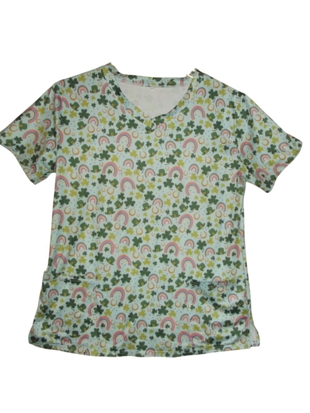Scrub Top Womens Size Large St Patrick's Day Blue green clover v-neck polyester